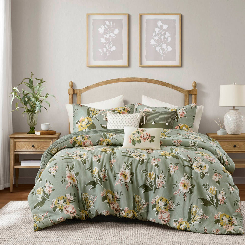 7-Piece King Vin  Floral Comforter Set, Green Media 1