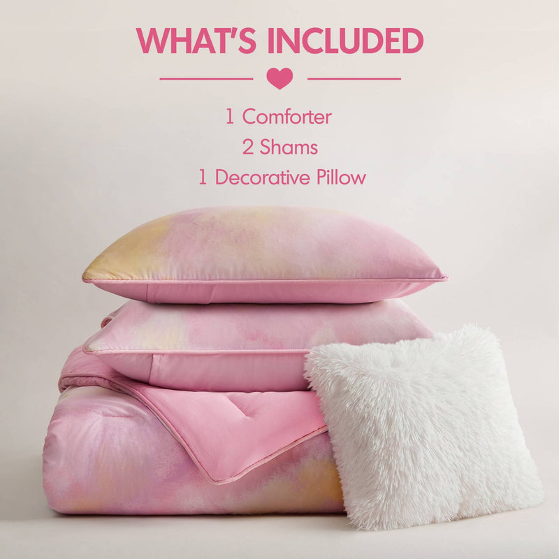 4 Pieces Full/Queen Watercolor Tie Dye Printed Comforter Set with Throw Pillow,Pink