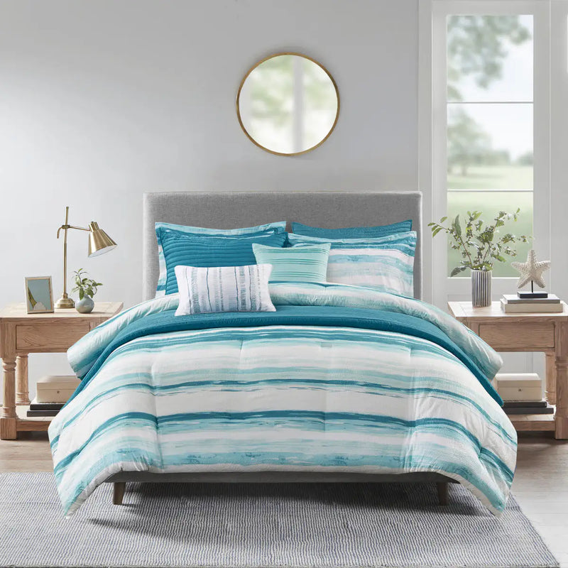 8 Piece Printed Seersucker Comforter and Quilt Set Collection