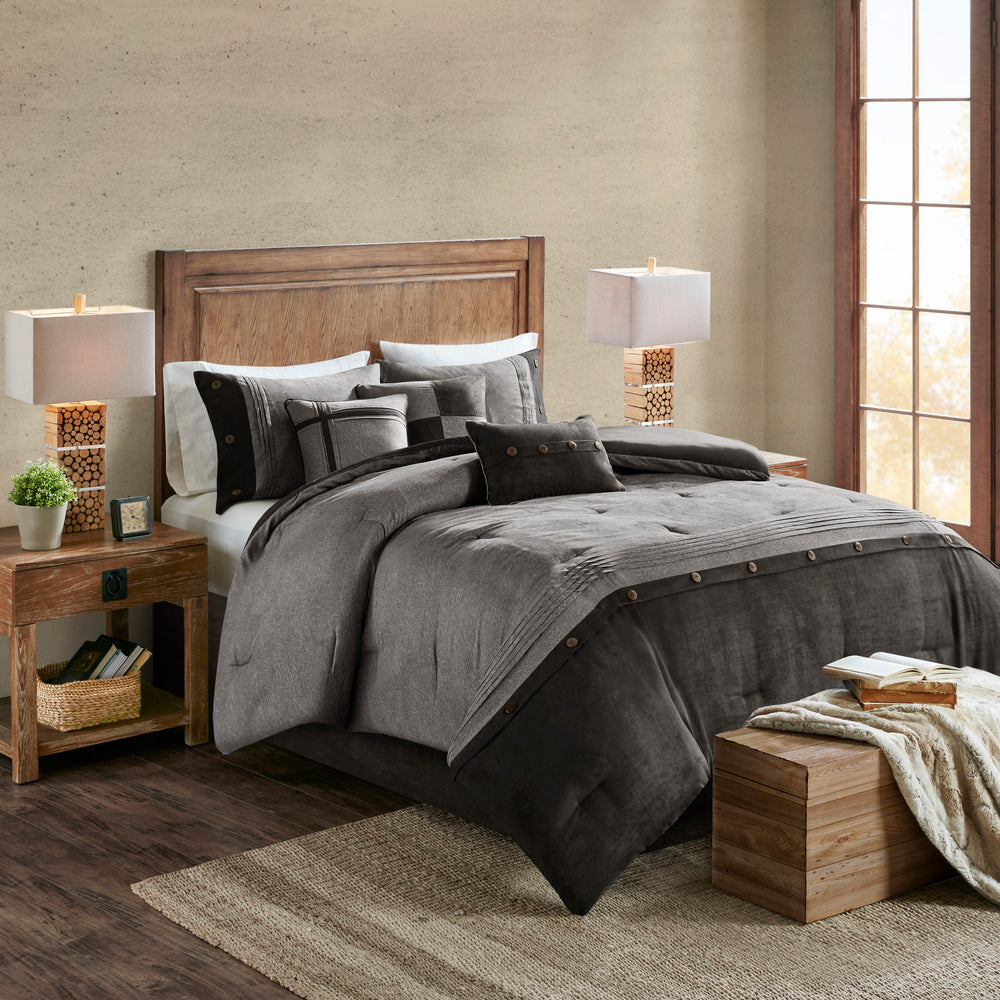 7 Piece Faux Suede Comforter Set Grey Queen Media 1
