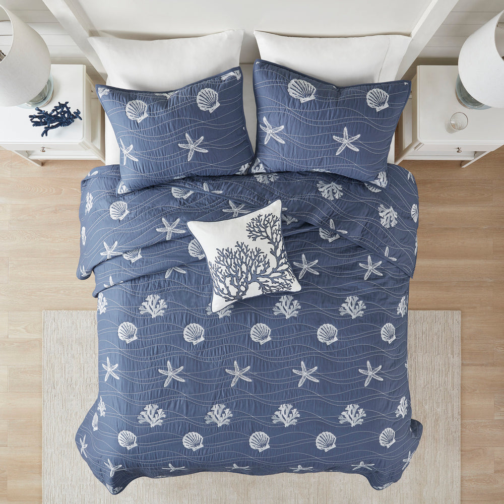 4 Piece Cotton Reversible Embroidered Quilt Set with Throw Pillow Navy Full/Queen Media 2