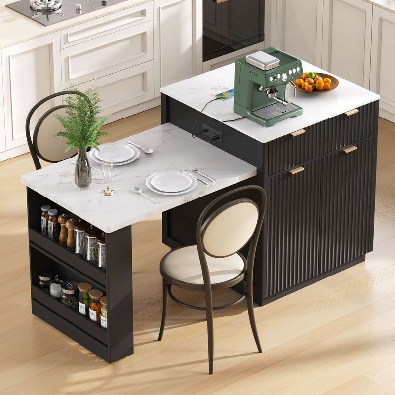 Kitchen Island Modern With Extendable Dining Table & Power Outlet For 4-6 People Black