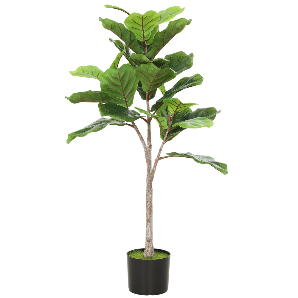 HOMCOM Fake Plant, Artificial Fiddle Leaf Fig Tree, Potted Plant with 28 PEVA Leaves and Flocked Soil, Green Media 1