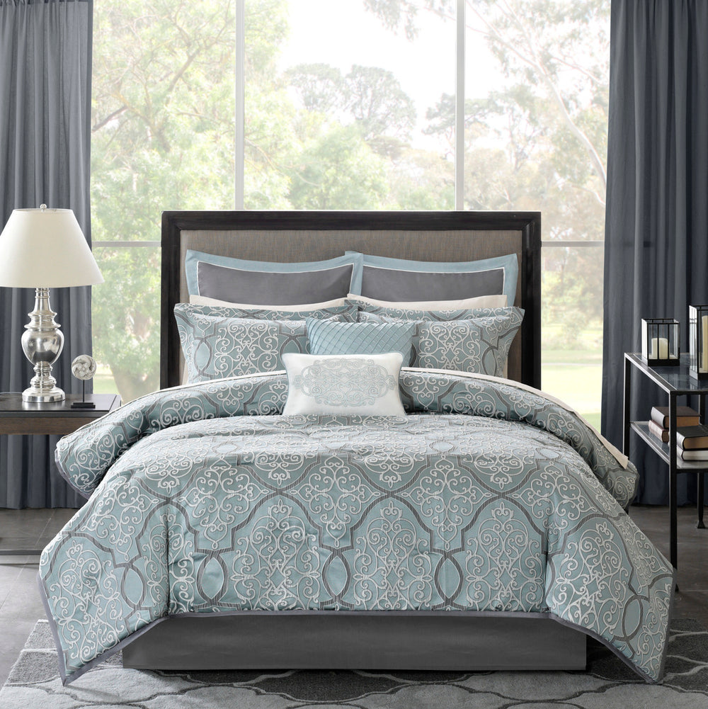 12 Piece Comforter Set with Cotton Bed Sheets Blue Queen Media 3