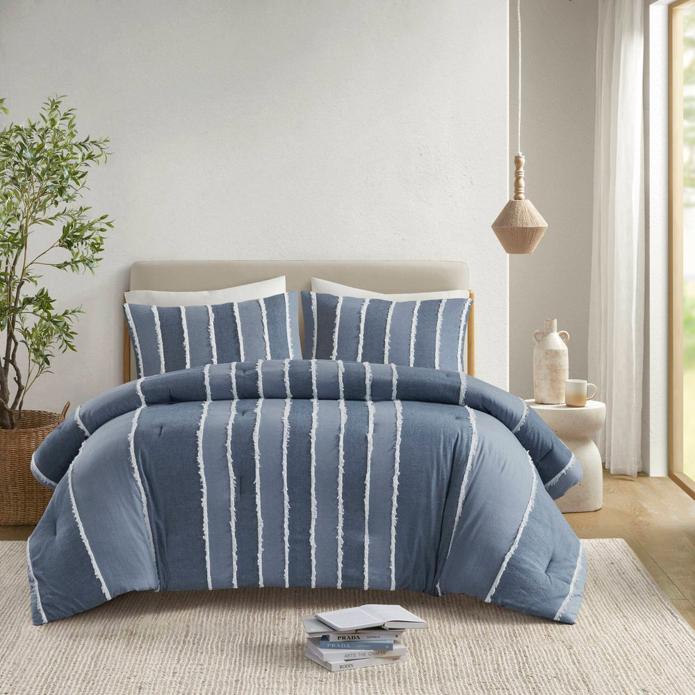 3 Pieces Full/Queen Striped Cotton Comforter Set,Blue Media 17