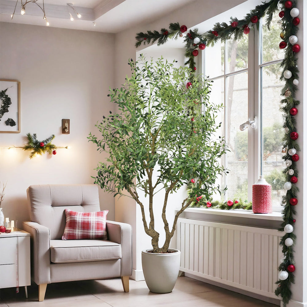 8FT Tall Artificial Olive Tree - Large Faux Potted Tree with Natural Trunk and Lifelike Olive Leaves and Fruit, Elegant Indoor/Outdoor Decorative Plant for Living Room, Office or Entryway, 1 pc/set Media 4