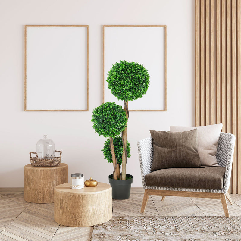 HOMCOM 3.5ft/43.25' Artificial 3 Ball Boxwood Topiary Tree with Pot, Indoor Outdoor Fake Plant for Home Office, Living Room Decor