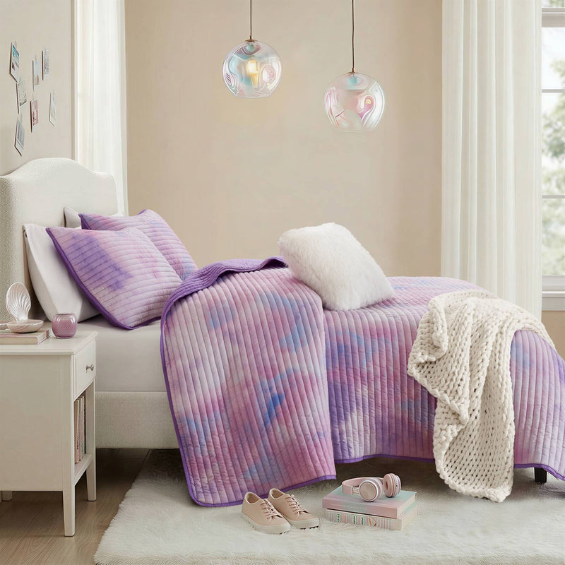 4 Pieces Full/Queen Watercolor Tie Dye Printed Quilt Set with Throw Pillow,Purple