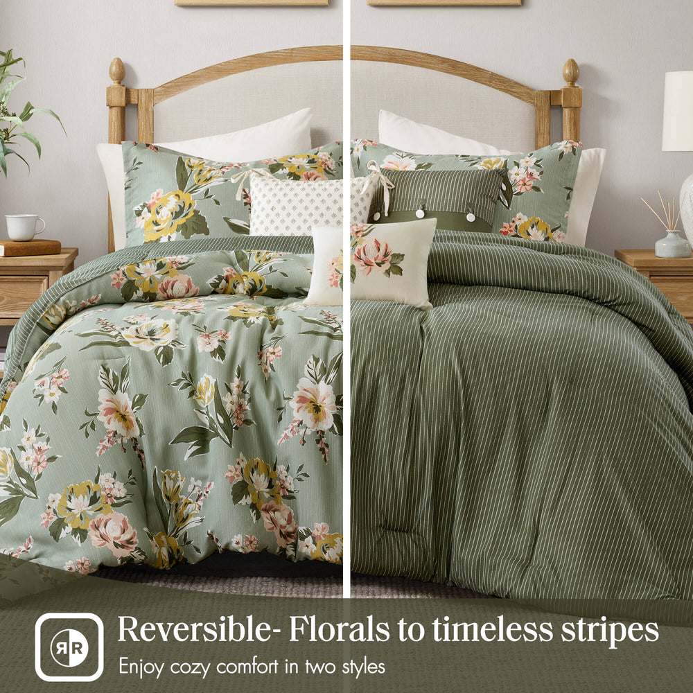 7-Piece Queen Vin  Floral Comforter Set, Green Media 15