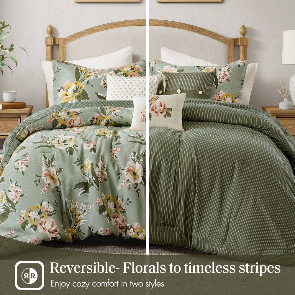 7-Piece Queen Vin  Floral Comforter Set, Green Media 15