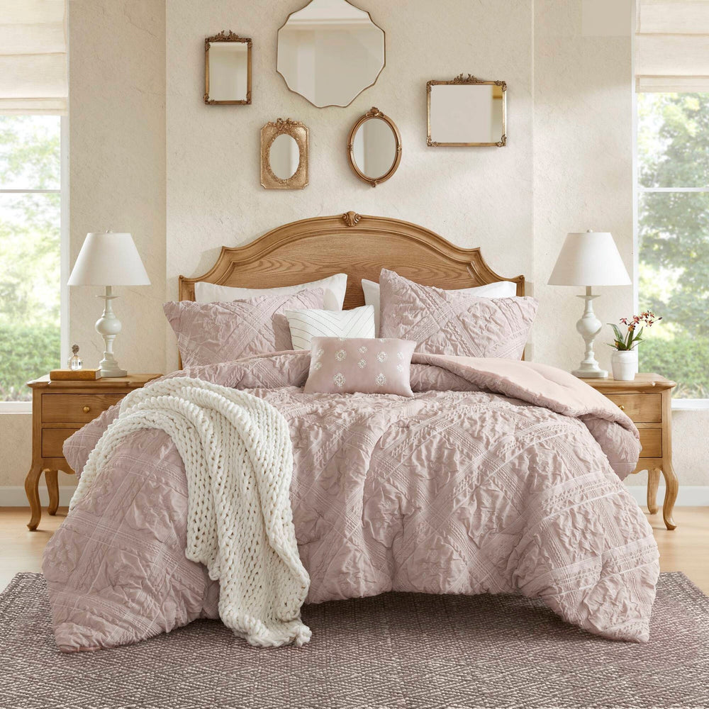 5-Piece King 5 Piece Sculpted jacquard comforter set,Pink Media 17