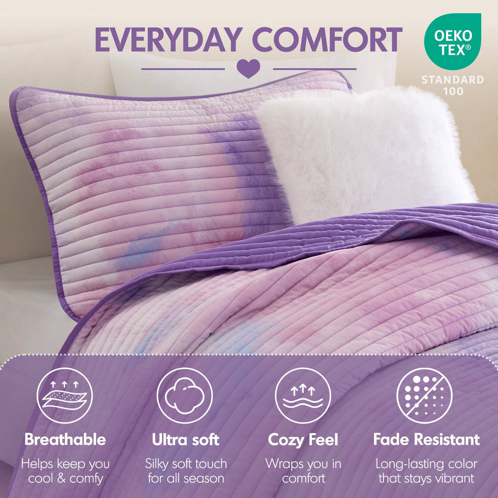3 Pieces Twin/Twin XL Watercolor Tie Dye Printed Quilt Set with Throw Pillow,Purple Media 4