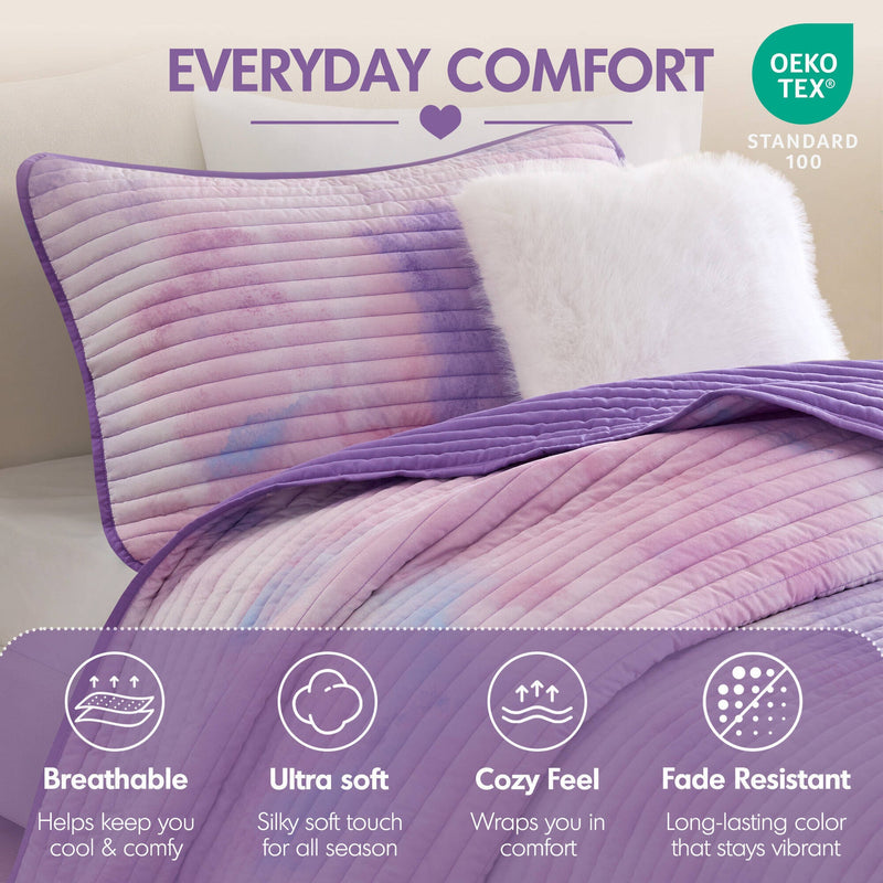 3 Pieces Twin/Twin XL Watercolor Tie Dye Printed Quilt Set with Throw Pillow,Purple