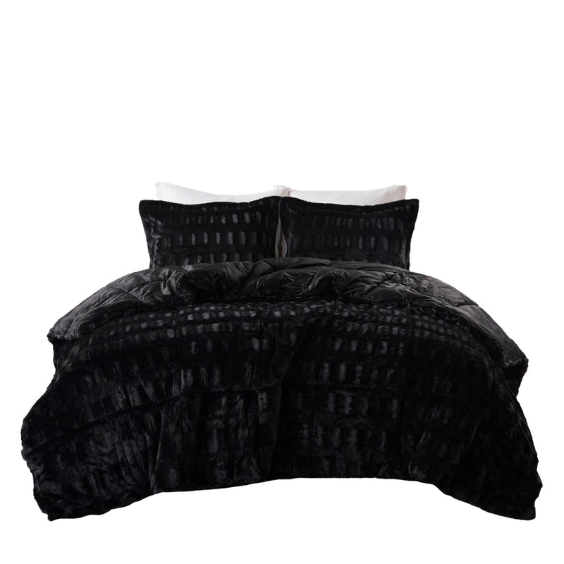 3 PCS King/Cal King Solid Faux Fur Comforter Mini Set Black
