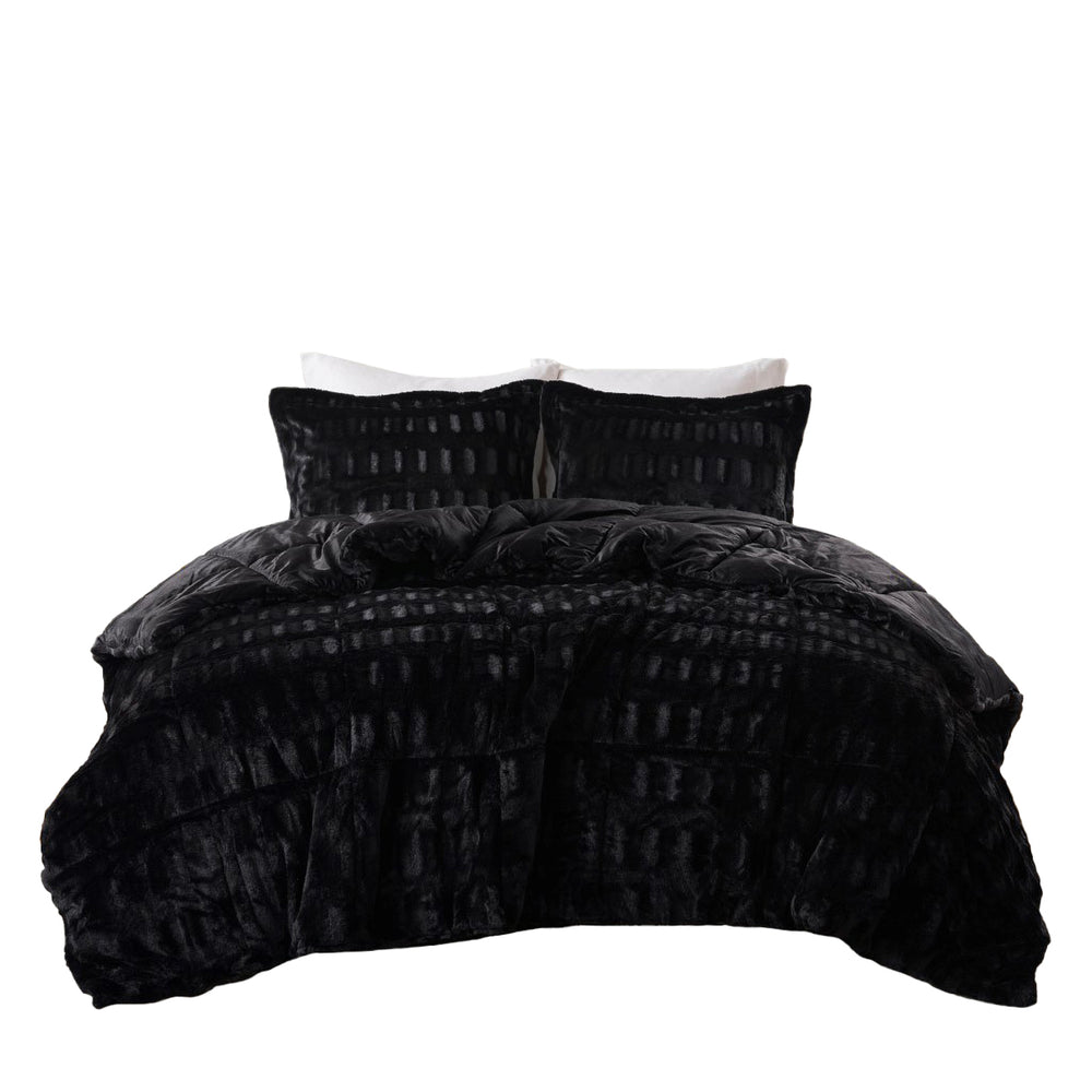 3 PCS Full/Queen Solid Faux Fur Comforter Mini Set Black Media 6