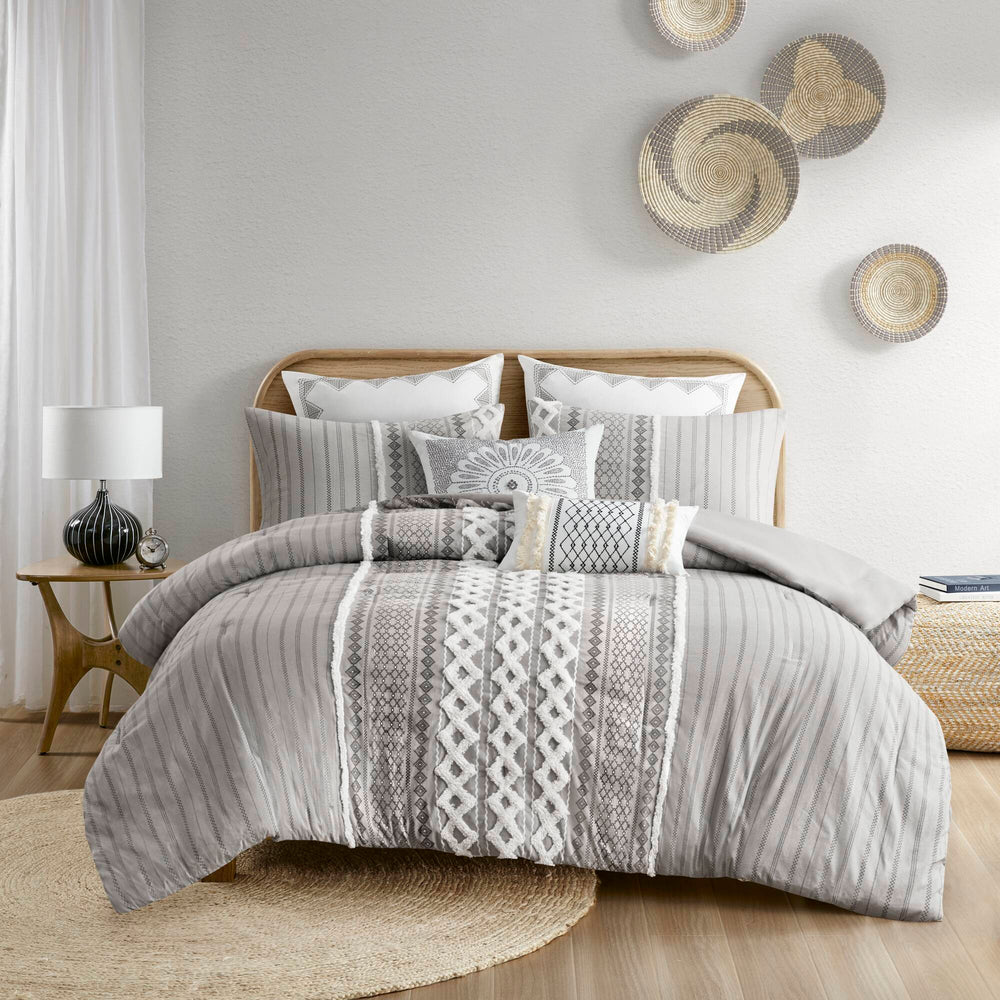 Cotton Printed Comforter Set with Chenille Gray Full/Queen Media 13