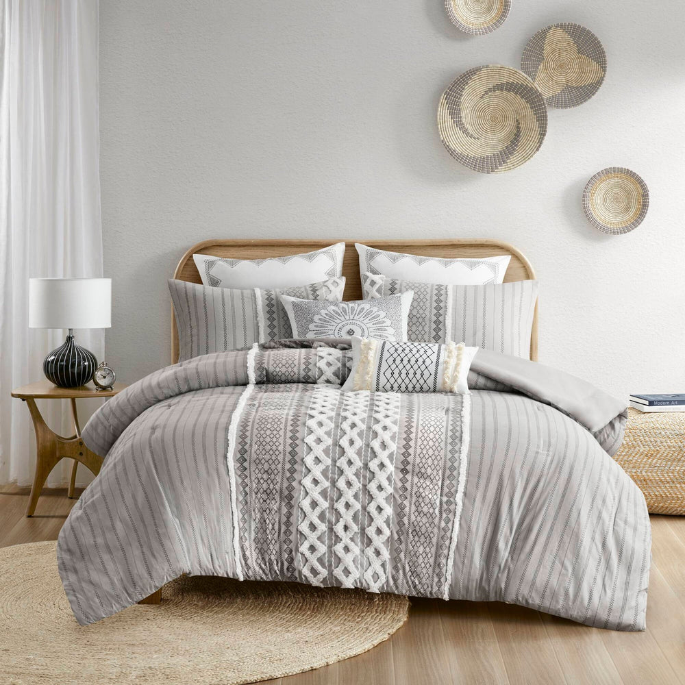 Cotton Printed Comforter Set with Chenille Gray Full/Queen Media 13