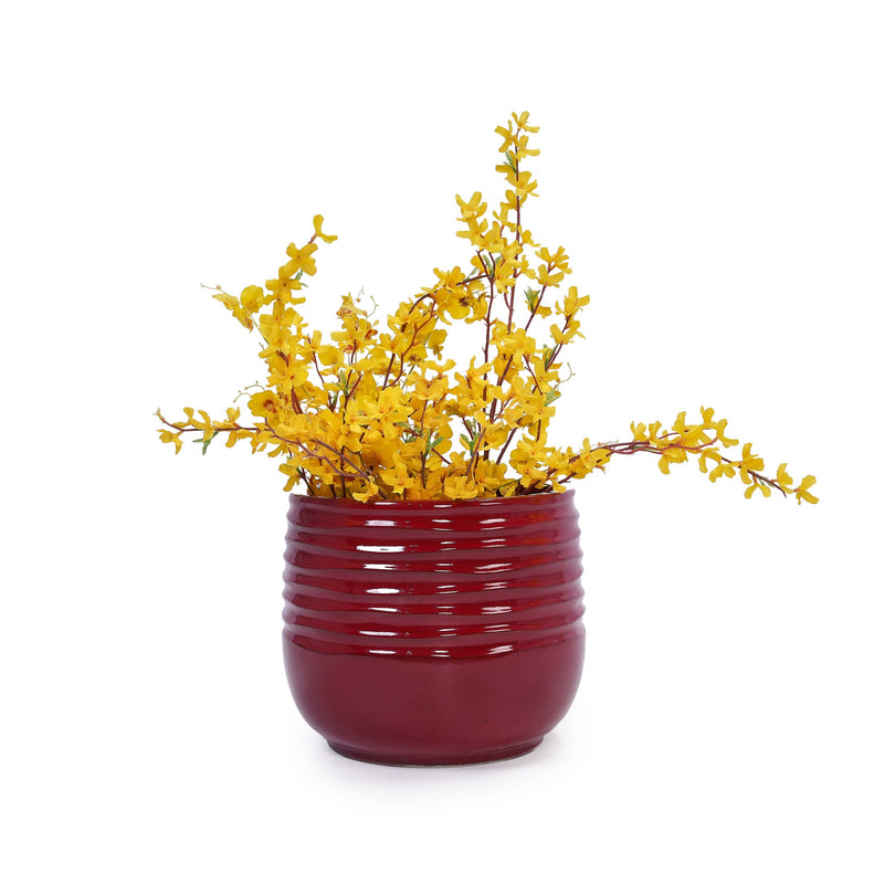 Handmade Glazed Ceramic Planter Set of 3, 15/11/8 Inch Diameter, Horizontal Groove Pattern, for Succulents & Flowering Plants Outdoor Garden & Indoor Staircase Bookshelf Use, Breathable Clay, Deep Red