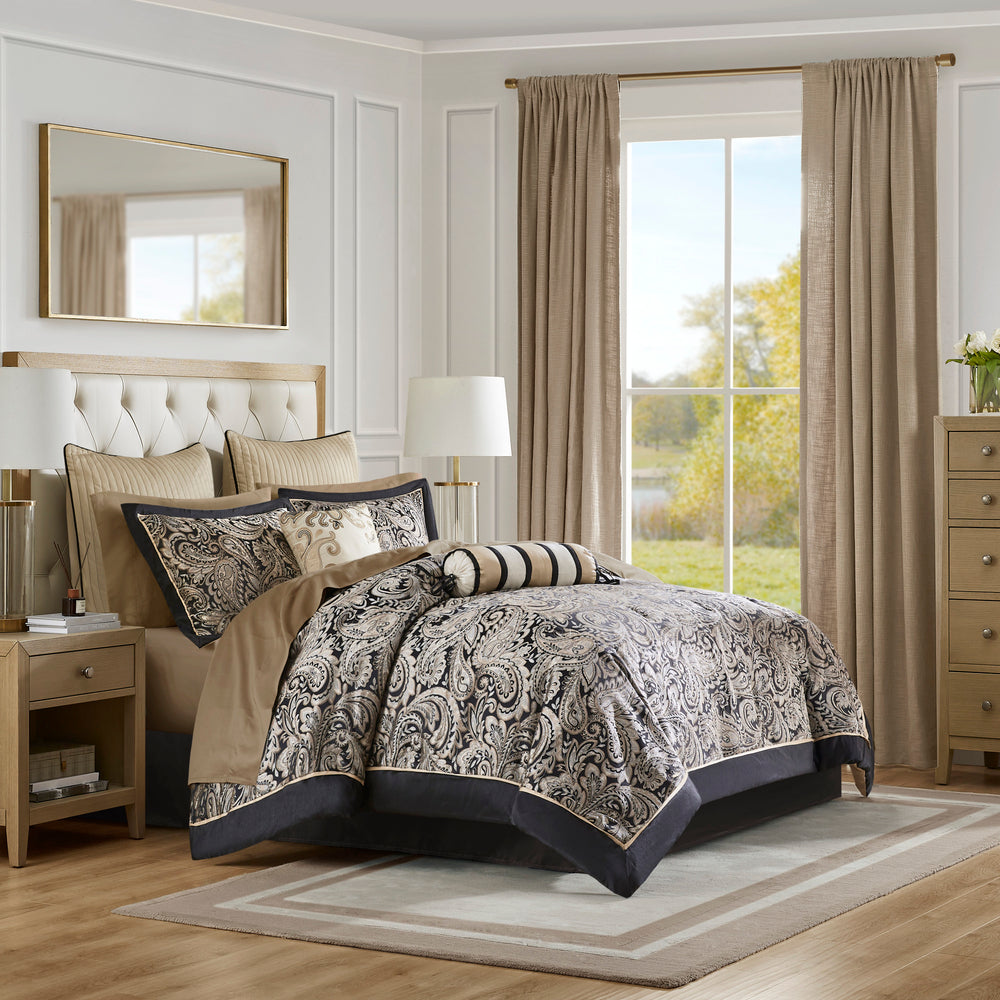 12 Piece Comforter Set with Cotton Bed Sheets Black Queen Media 1