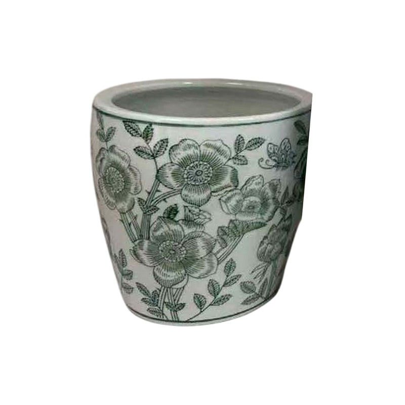 Kerry Accent Planter Pot Set of 4, Green Floral Pattern, White Ceramic