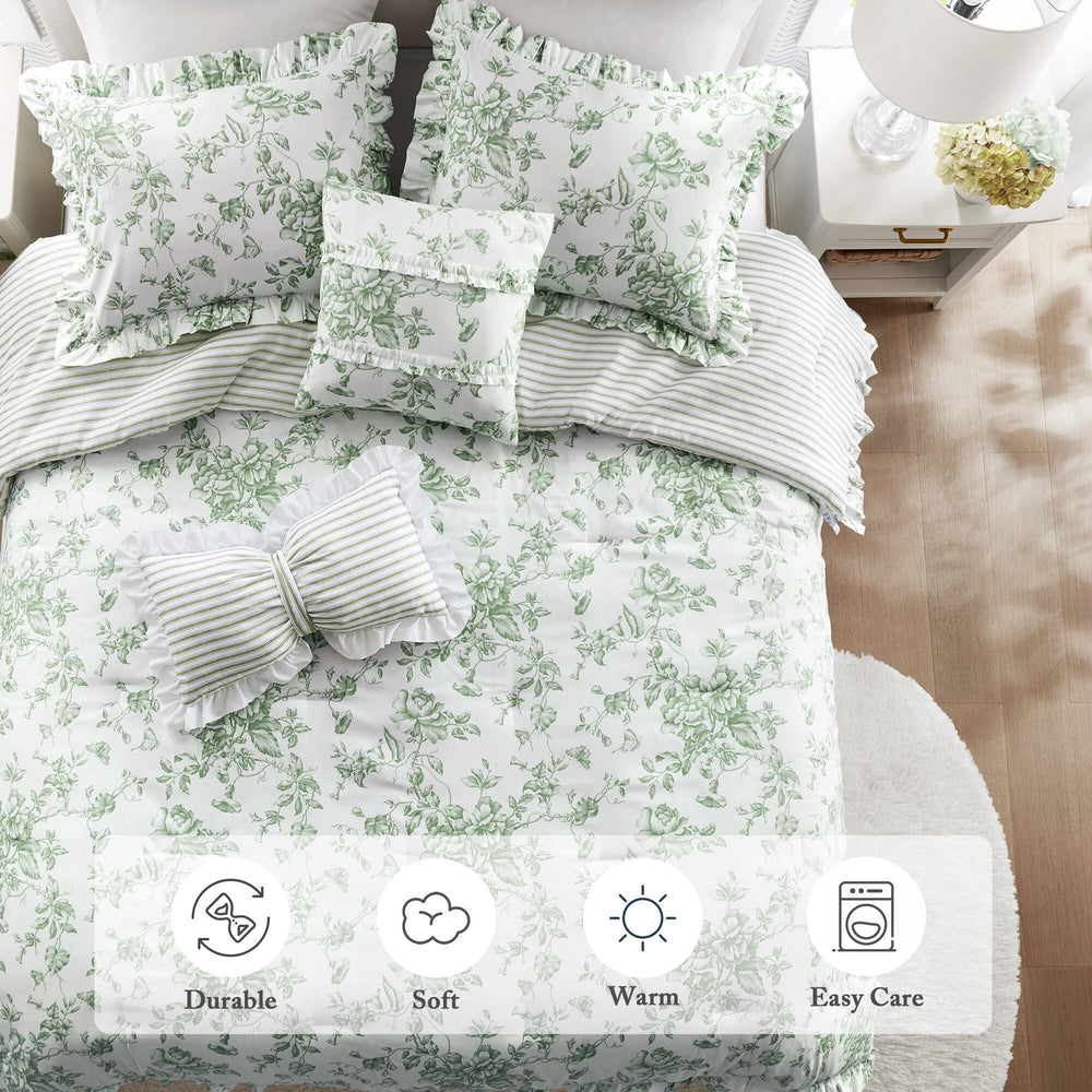 5 Pieces Full/Queen Comforter Set with Decorative Pillows,Green Media 7