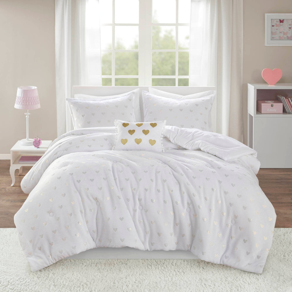 3 PCS Twin/Twin XL Metallic Printed Plush Comforter Set with Throw Pillow White/Gold Media 4