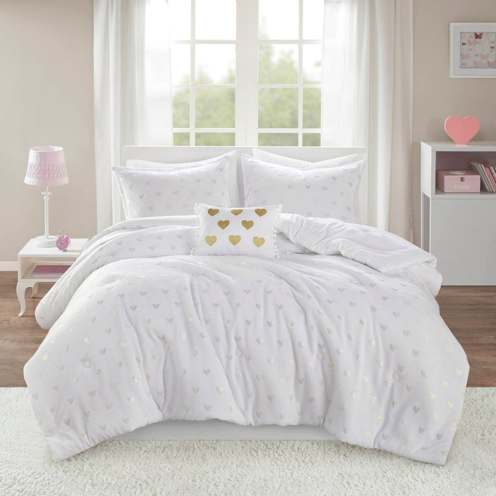 4 PCS Full/Queen Metallic Printed Plush Comforter Set with Throw Pillow White/Gold Media 1