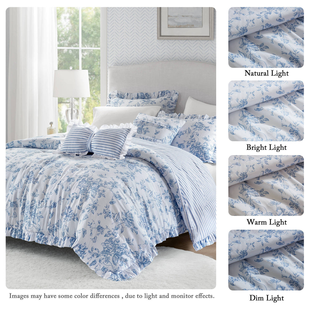 5 Pieces Full/Queen Comforter Set with Decorative Pillows,Blue Media 5