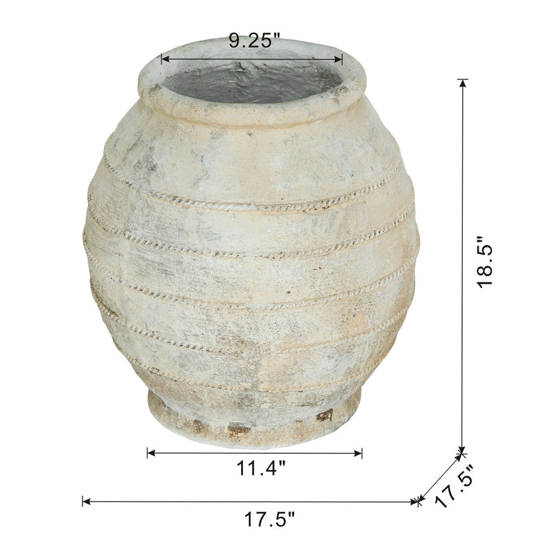 17.5x17.5x18.5' Round Magnesium Flower Pot with Weathered White Finish and Ridged Texture