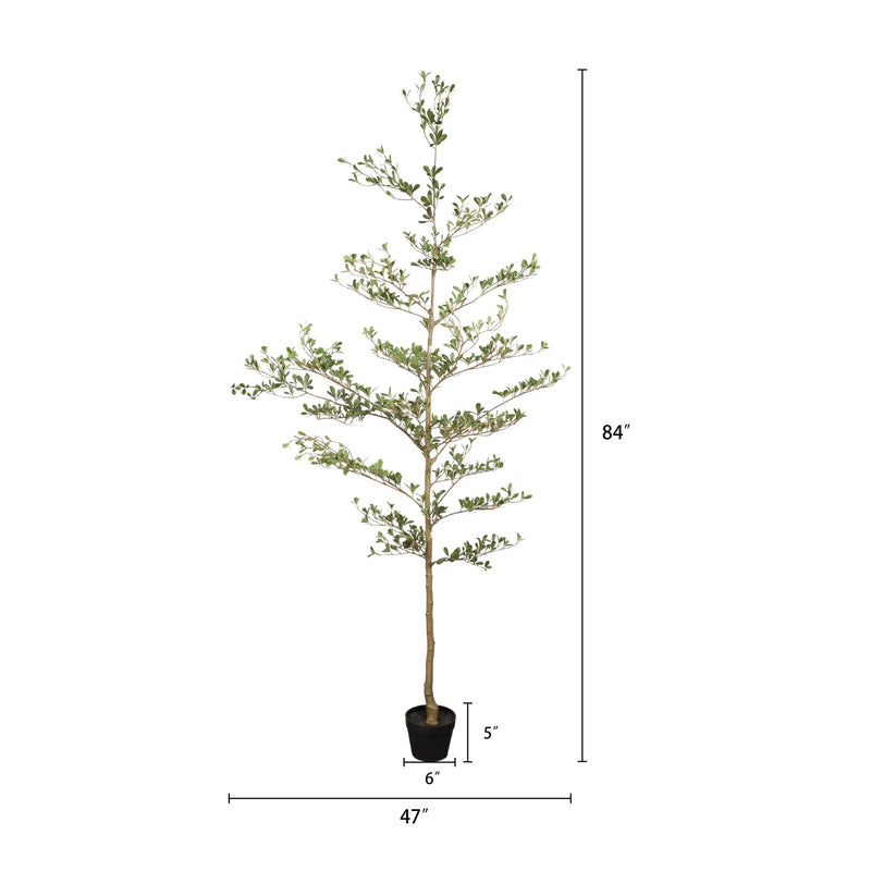 7FT Artificial Black Olive Tree with Black Plastic Pot, Realistic Tall Fake Plant for Indoor Home Living Room Corner Decoration, 1pc/set