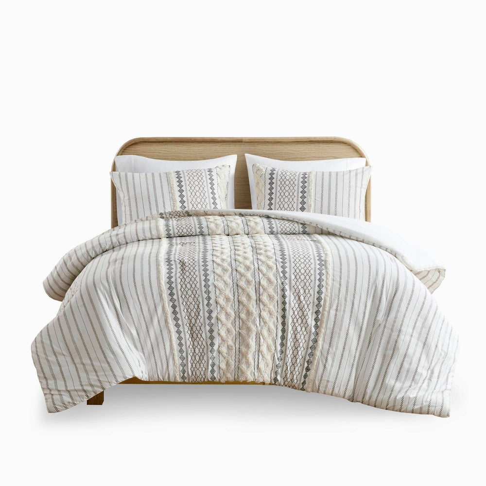 Cotton Printed Comforter Set with Chenille Ivory Full/Queen Media 17