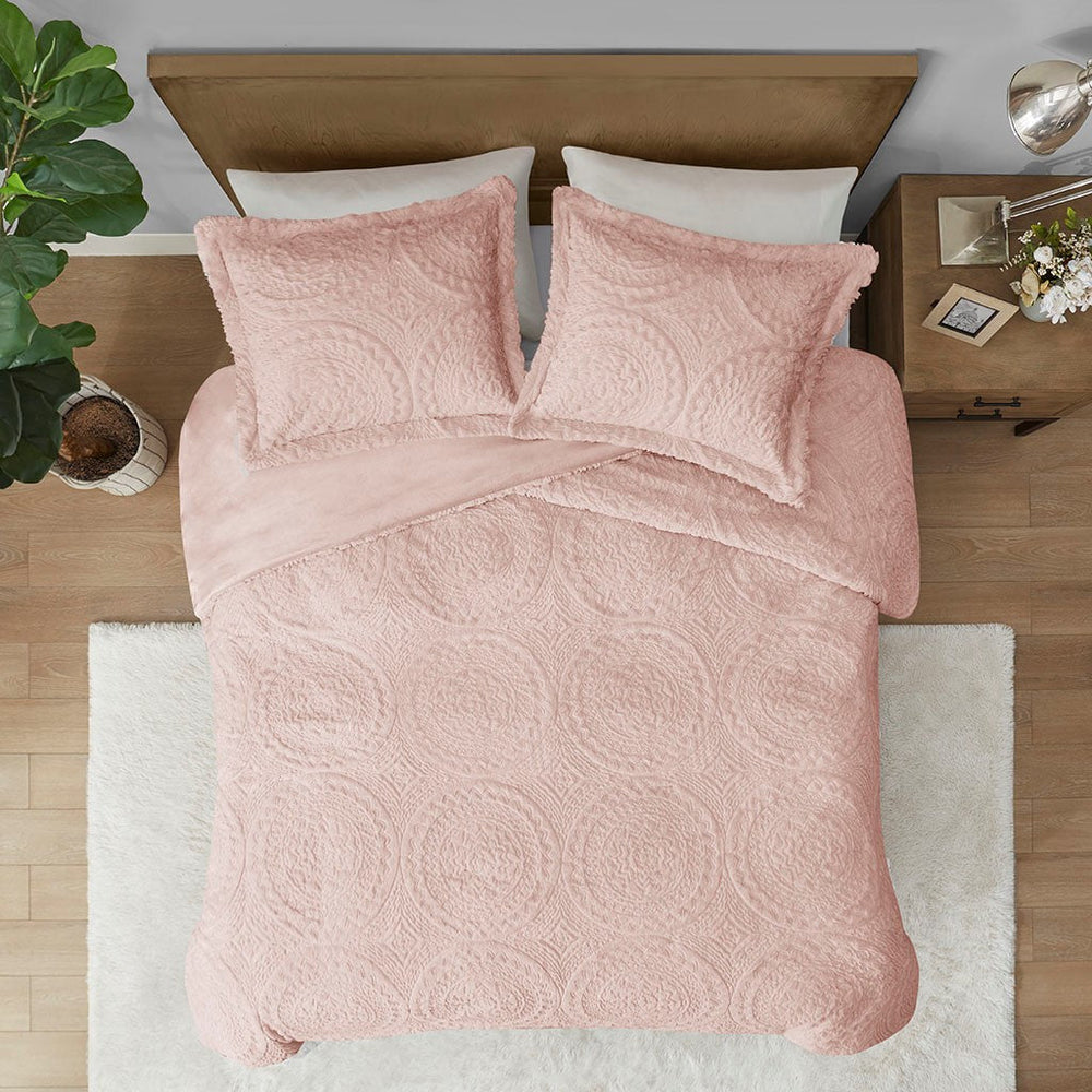Twin Embroidered Medallion Faux Fur Ultra Plush Comforter Mini Set Media 4