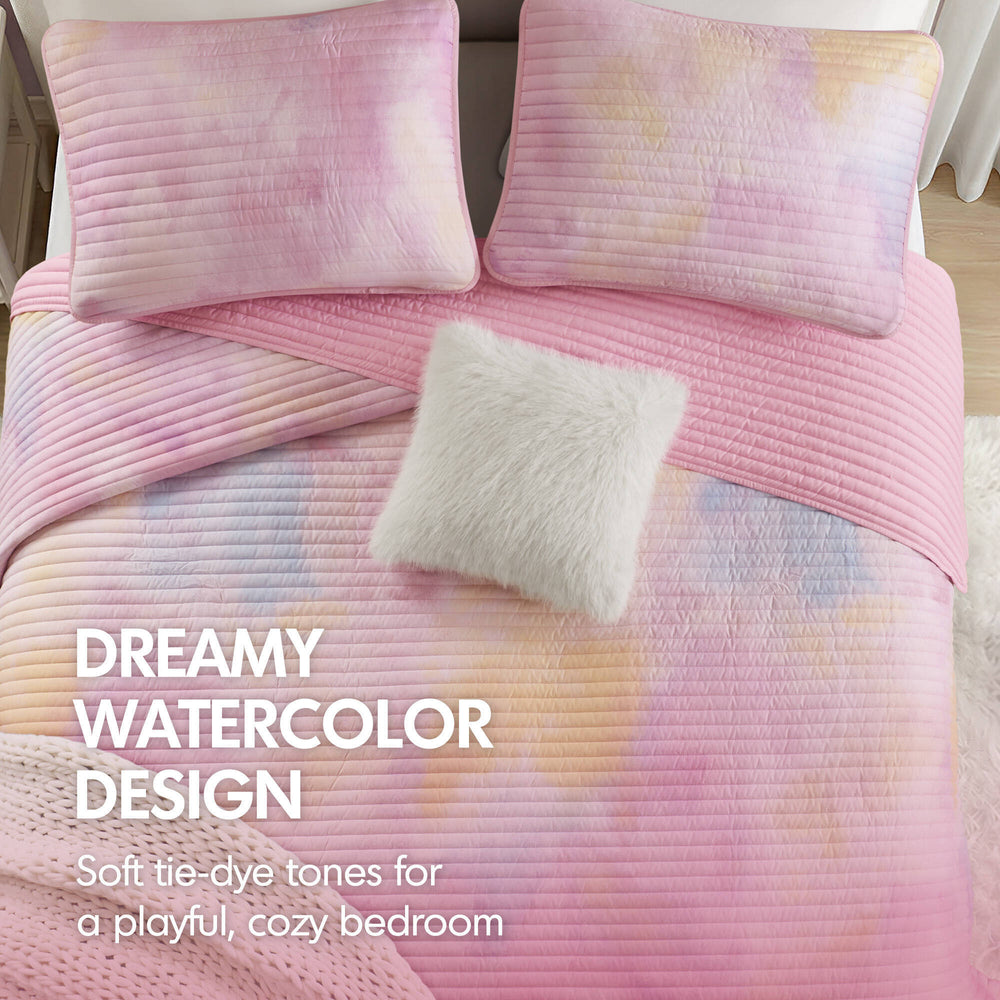 4 Pieces Full/Queen Watercolor Tie Dye Printed Quilt Set with Throw Pillow,Pink Media 7