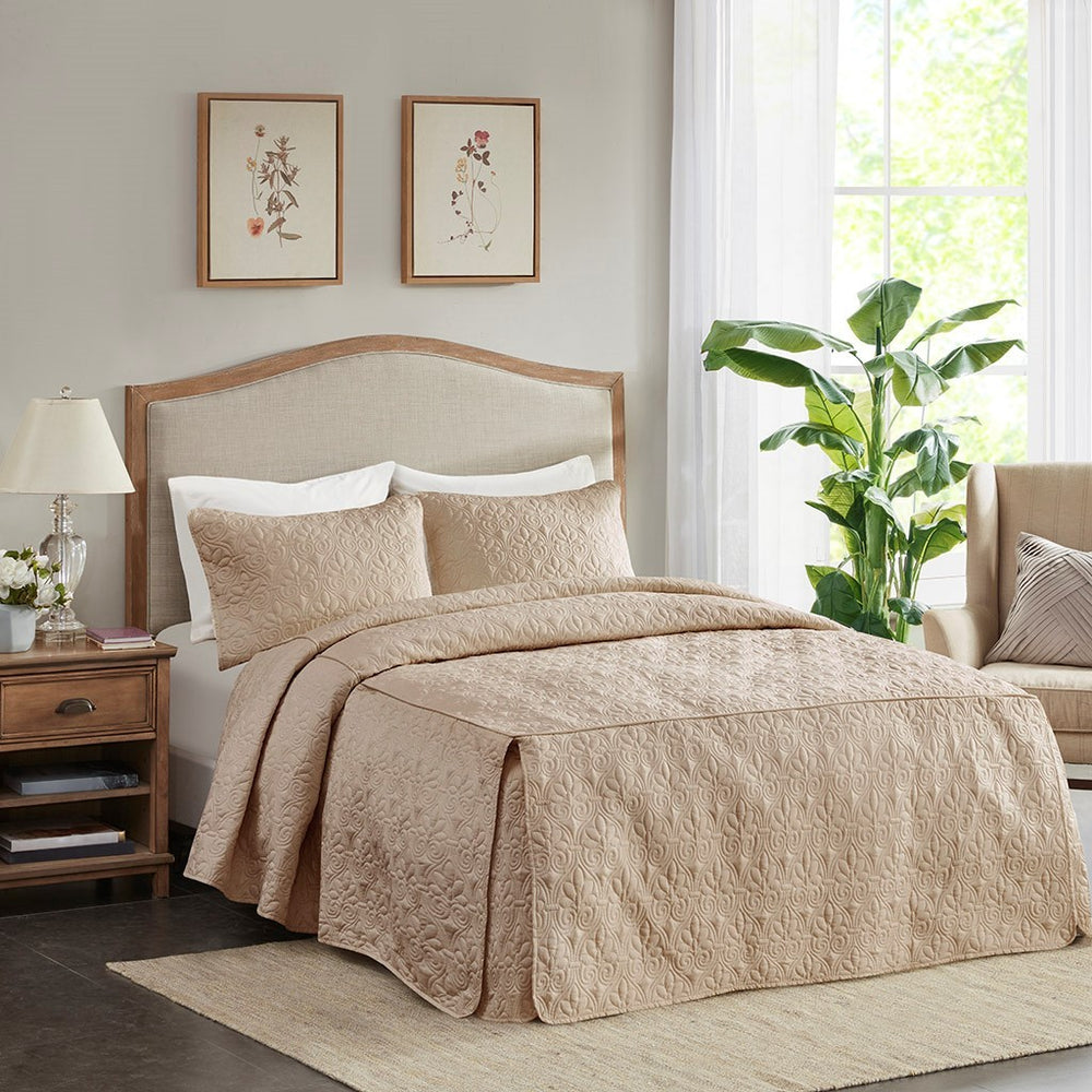 3 Piece Split Corner Pleated Quilted Bedspread Khaki King Media 1