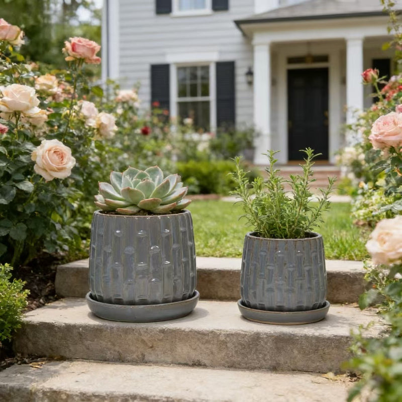 Handmade Gray Glazed Ceramic Planter Set of 2, 6' & 8' Diameter, Vertical Ribbed Pattern, for Succulents & Herbs Indoor/Outdoor Shelf & Table Use, Breathable Clay with Saucers