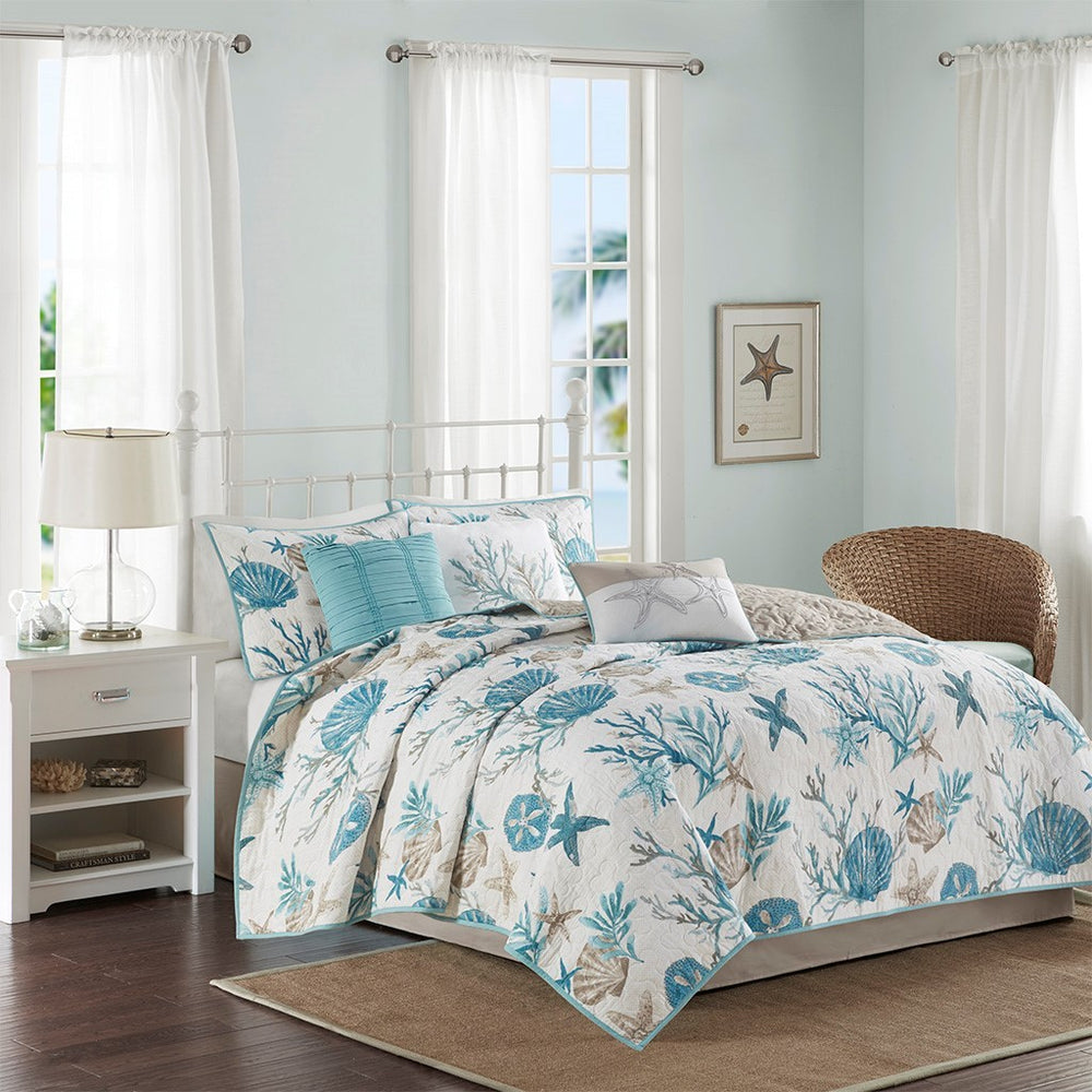 6 Piece Cotton Sateen Quilt Set with Throw Pillows Aqua King/Cal King Media 1