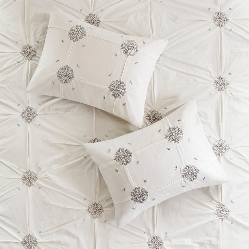 6 Piece Embroidered Cotton Reversible Comforter Set Ivory Full/Queen