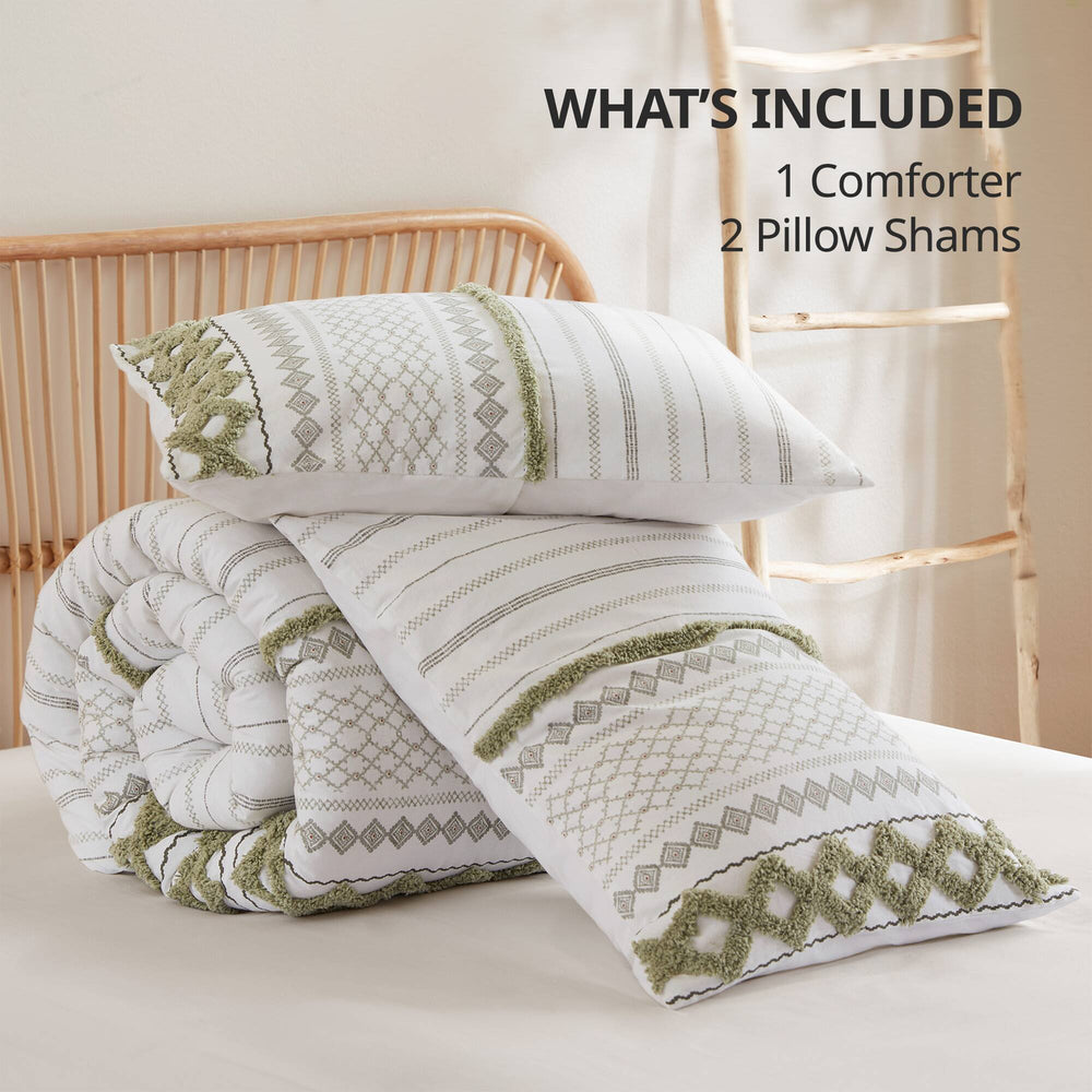 3 PCS King/Cal King Cotton Printed Duvet Cover Set with Chenille Sage/Ivory Media 21