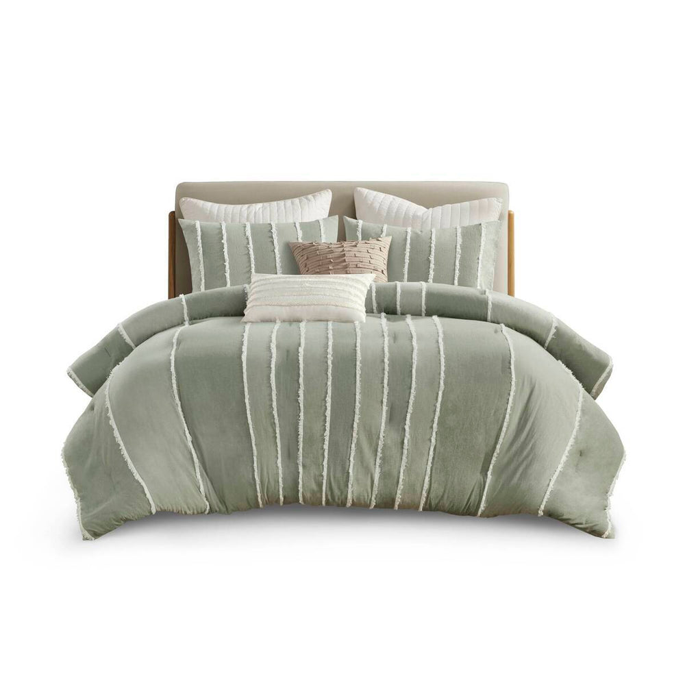 3 Piece Striped Cotton Comforter Set Sage Full/Queen Media 12