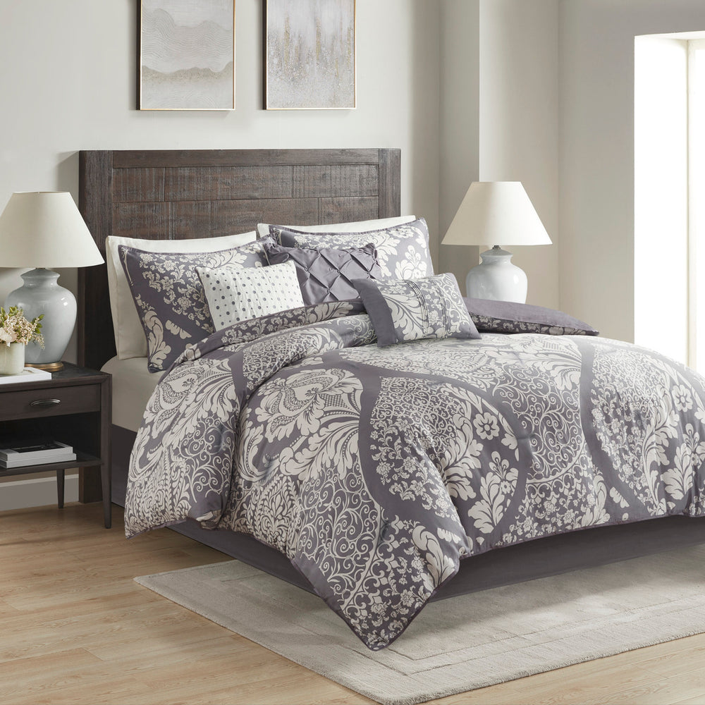 7 Piece Cotton Printed Comforter Set Grey King Media 3