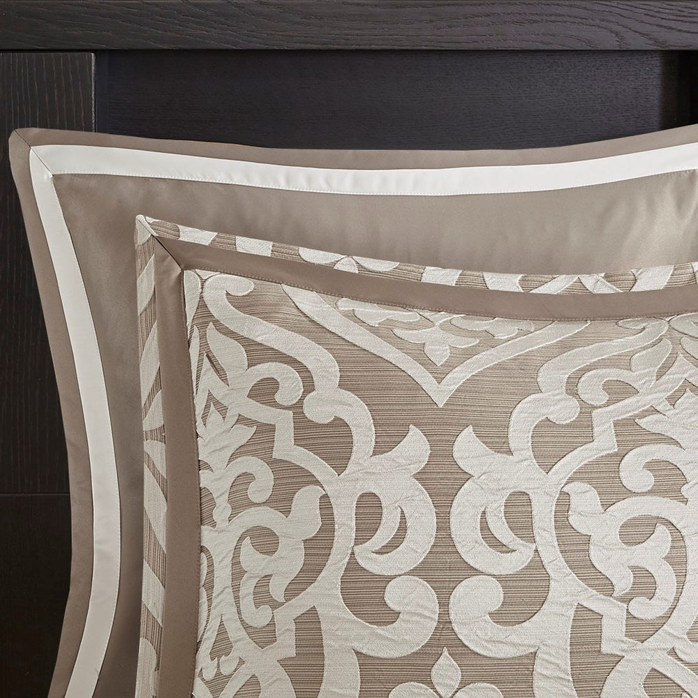 8 Piece Jacquard Comforter Set Tan/Ivory Queen Media 5
