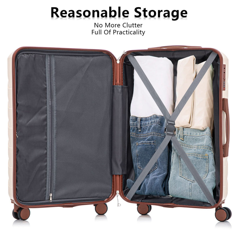 Abs Luggage Set 20 24 28 Inches 3 Piece Beige Durable Spinner Wheels & Combination Lock