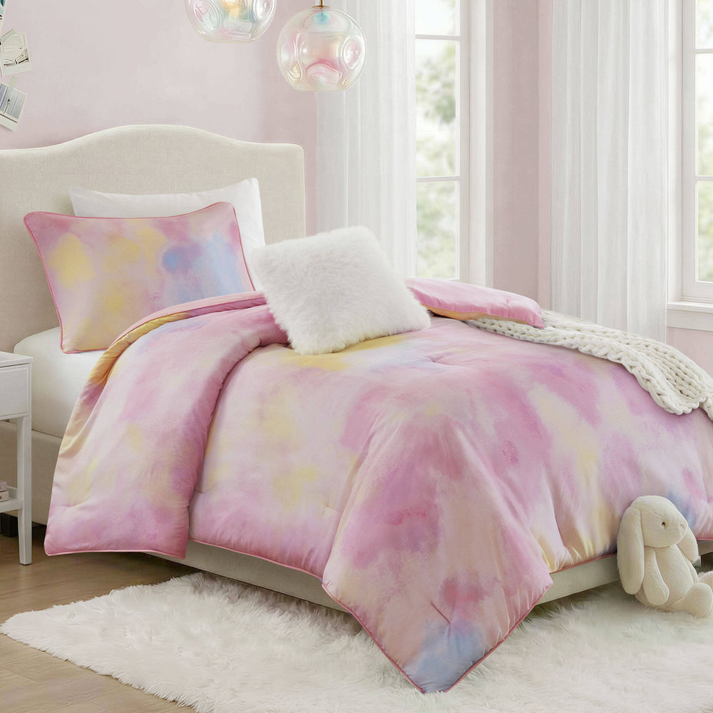 3 Pieces Twin/Twin XL Watercolor Tie Dye Printed Comforter Set with Throw Pillow,Pink Media 3