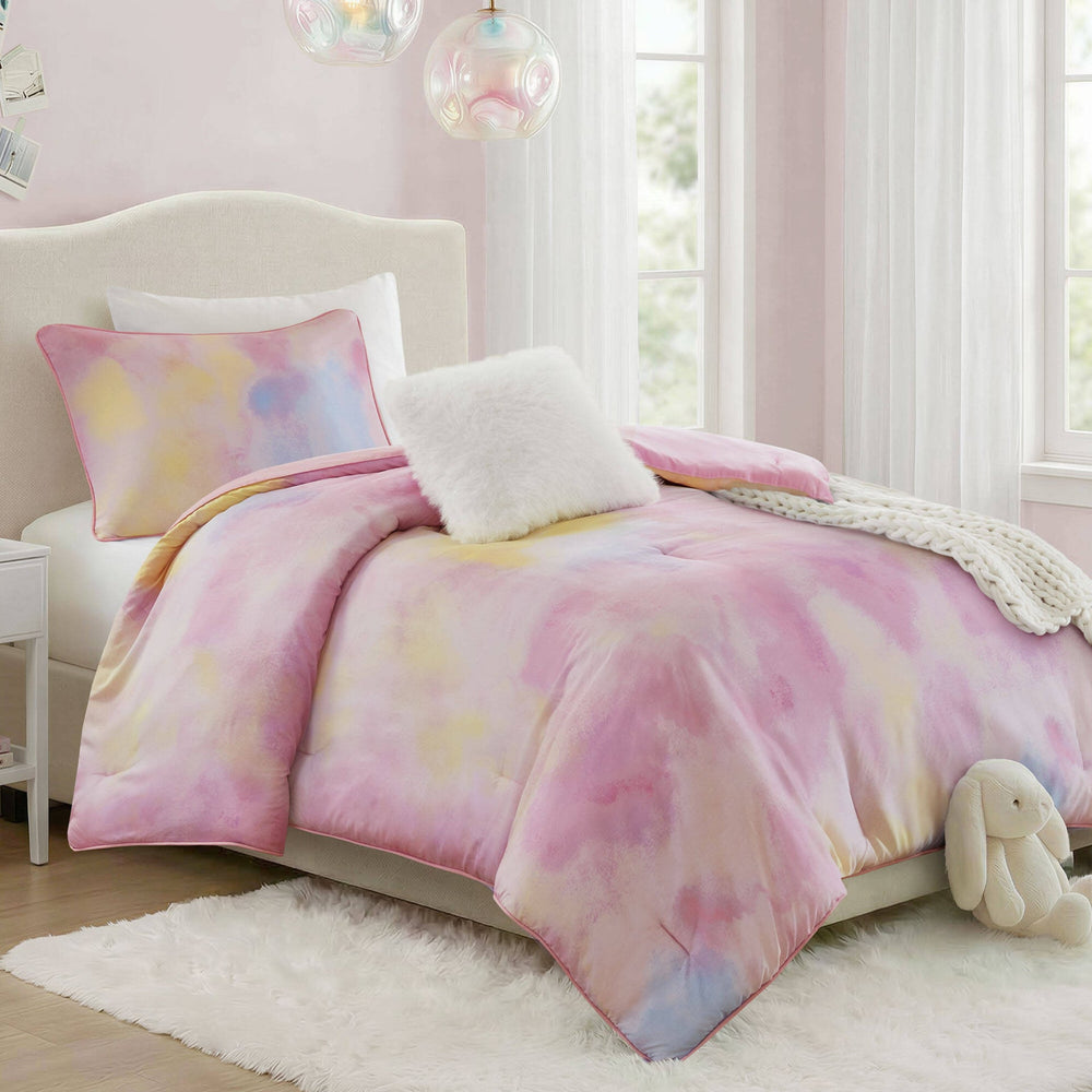3 Pieces Twin/Twin XL Watercolor Tie Dye Printed Comforter Set with Throw Pillow,Pink Media 3