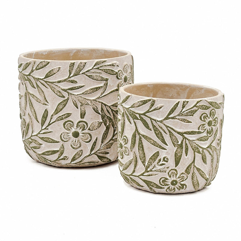 S/2 Gray Sand and Cement Planters with Etched Green Floral Motif, L:D6.7x6.3' S:D5.5x5'