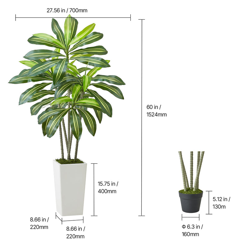 Artificial Dracaena Tree 5 ft, Fake Palm Tropical Plants with White Tall Planter, Faux Floor Silk Plant in Pot, Large Trees for Home Office Living Room Decor House Warming, Indoor Outdoor