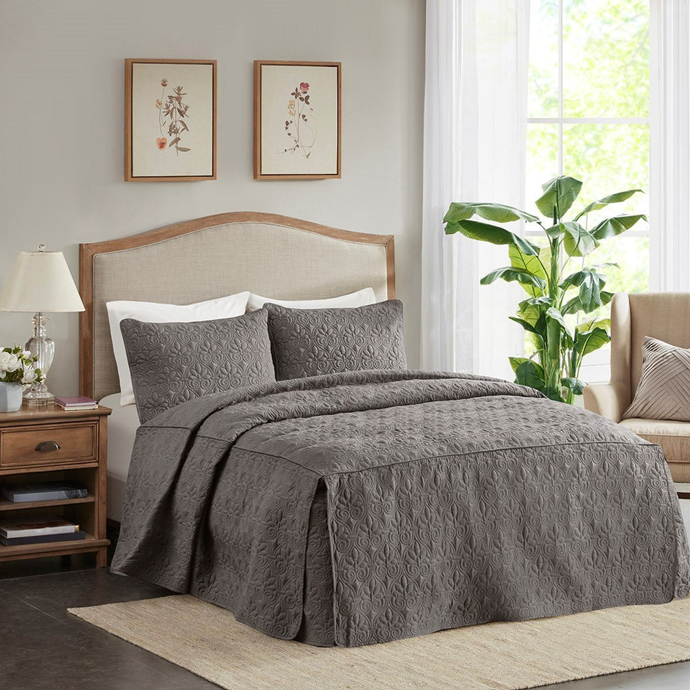 3 Piece Split Corner Pleated Quilted Bedspread Dark Grey King Media 1