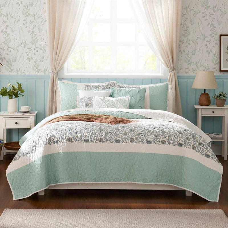 6 Piece Cotton Percale Quilt Set with Throw Pillows Aqua Full/Queen