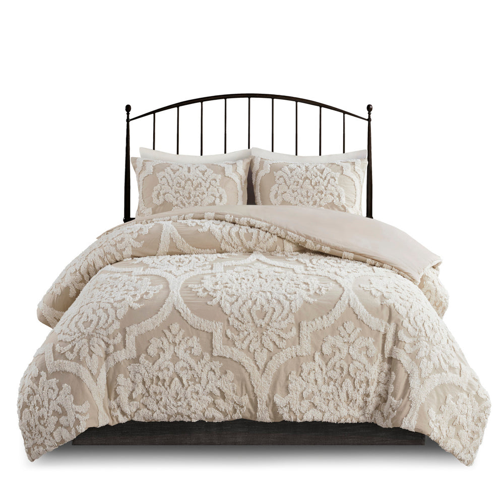 3 piece Tufted Cotton Chenille Damask Comforter Set Taupe Full/Queen Media 4