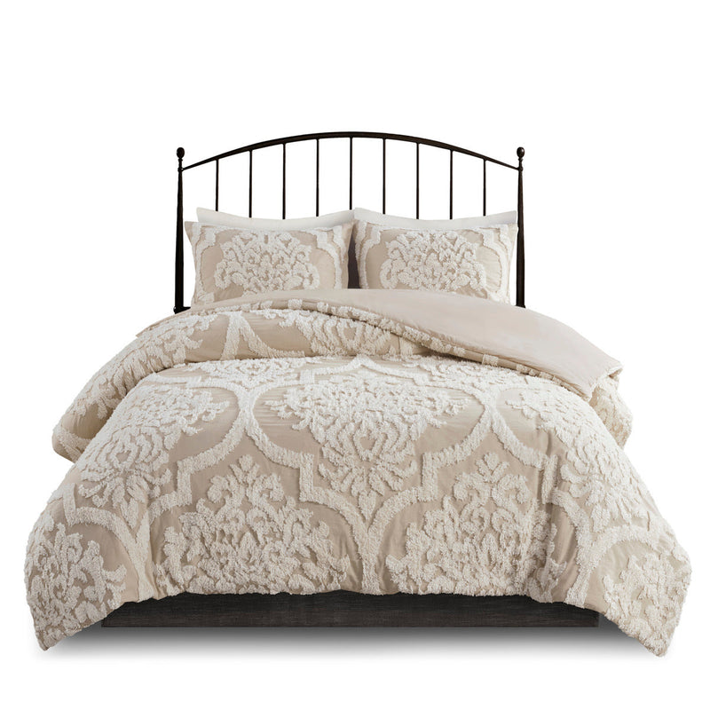 3 piece Tufted Cotton Chenille Damask Comforter Set Taupe Full/Queen